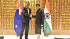 Dan Tehan and Indian counterpart Piyush Goyal during earlier negotiations on an interim free trade deal.