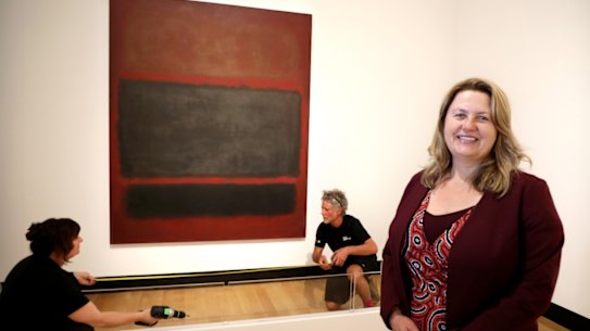 Ipswich Mayor Teresa Harding at the hanging of Mark Rothko’s 1957 #20, at Ipswich Art Gallery.