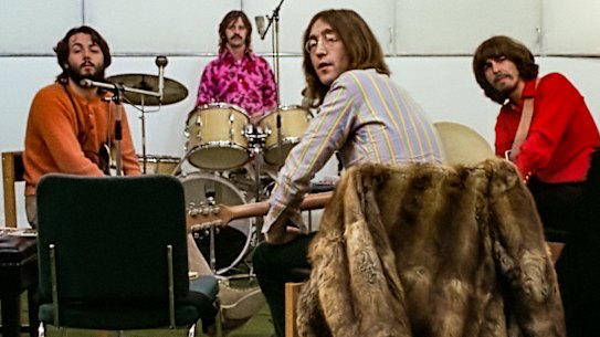 The Beatles in the recording studio during the making of their 1970 album Let It Be. as seen in Peter Jackson’s 2021 documentary Get 