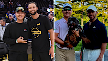 Min Woo Lee with NBA superstar Steph Curry and F1 ace Lewis Hamilton.