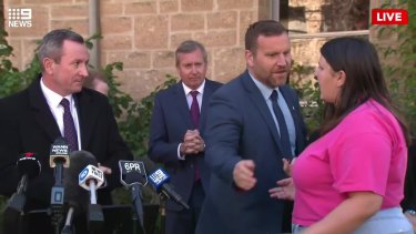 UWA student crashes WA Premier Mark McGowan’s press conference on Wednesday, August 10, to ask about abortion access in WA. Picture: Nine News Perth