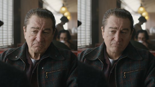 In The Irishman, Robert De Niro (at left) gets a digital “facelift” to play his character as a much younger man (at right).