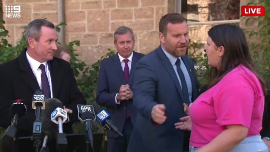 UWA student crashes WA Premier Mark McGowan’s press conference on Wednesday, August 10, to ask about abortion access in WA. Picture: Nine News Perth