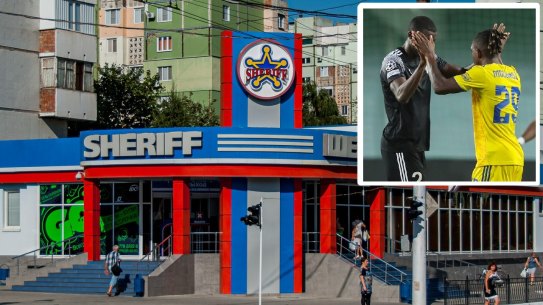 A Sheriff supermarket in Tiraspol. Inset: players from the soccer team qualify for the Champions league.