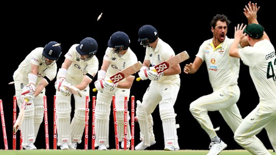 Mitch Starc cleans up Rory Burns first ball.