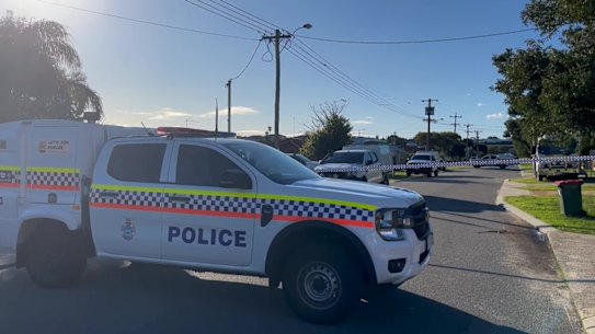 Police at the scene in Balcatta, where a baby was found dead on Monday morning.