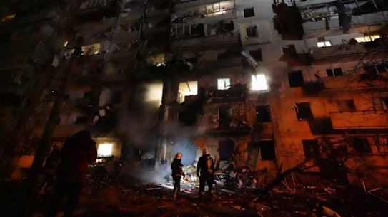 A burning building in Kyiv.