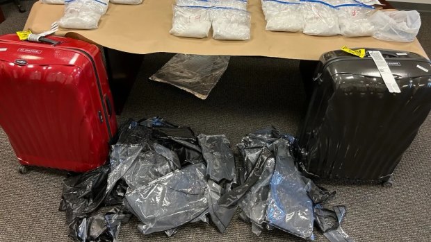 A random luggage search at San Francisco International Airport allegedly uncovered 21kg in methamphetamine en route to Brisbane.