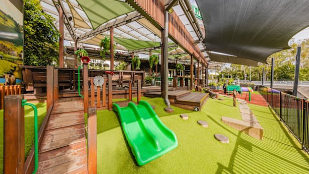 The Glen Hotel’s design gives parents up on the deck a good view of the lengthy playground.