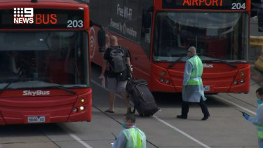 The first international travellers to land in Melbourne as the state’s hotel quarantine system resumes arrive at the Pan Pacific hotel in South Wharf.