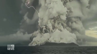 The explosion on Saturday off Tonga, with lightening seen nearby.