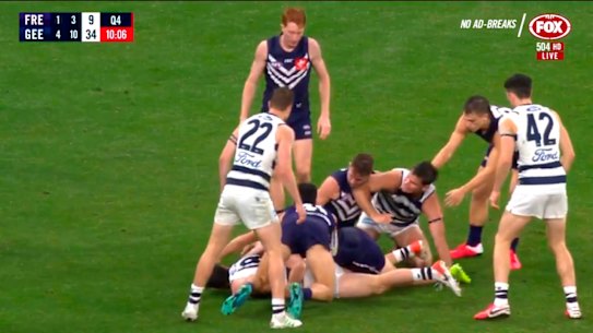 Hawkins elbowed Fremantle’s Luke Ryan in the neck during the final quarter of the Cats’ win over Fremantle on Monday night.