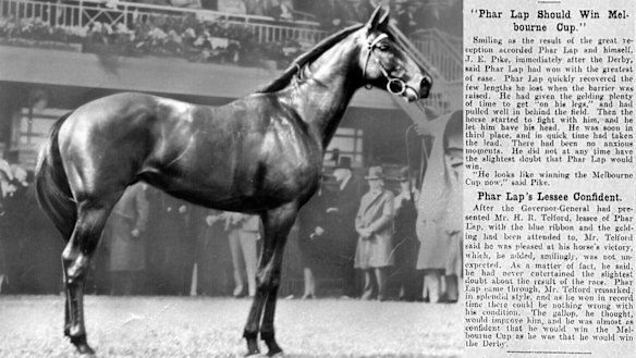 Phar Lap was a favourite going into the Melbourne Cup in 1929, as reporting on Monday November 4 of that year shows (right). But Nightmarch (left) took the victory.