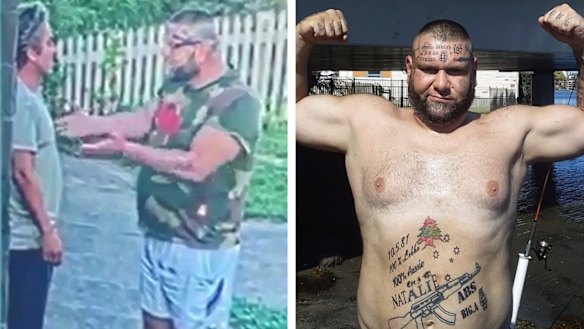 Security footage screengrabs show Butch Haouchar, right. confront John Ibrahim outside his house on Saturday.