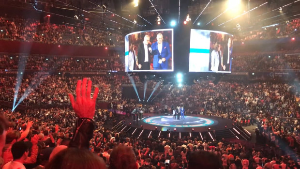 Prime Minister Scott Morrison on stage before a Hillsong congregation in 2019.