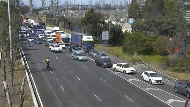 The crash shut down all outbound lanes on the West Gate Freeway at Altona North.