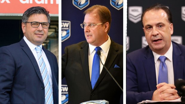 Cronulla Sharks CEO Dino Mezzatesta, NSWRL boss Dave Trodden and ARLC chairman Peter V’landys.