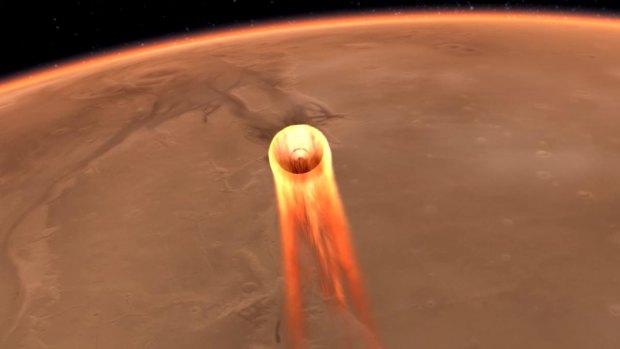 A rendering of the InSight streaking through Mars' atmosphere.
