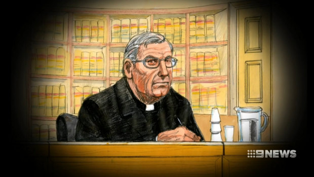 An illustration of George Pell at his appeal. 