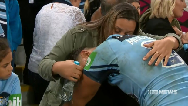 Taking it hard: Latrell Mitchell reacts after the Blues' Game 1 Origin loss.