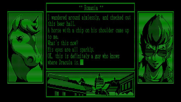 The globe-spanning story is told like an old text-based DOS adventure.