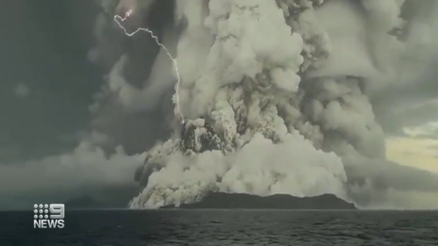 The explosion on Saturday off Tonga, with lightening seen nearby.