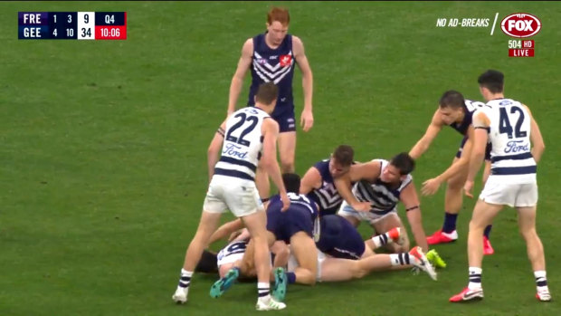 Hawkins elbowed Fremantle’s Luke Ryan in the neck during the final quarter of the Cats’ win over Fremantle on Monday night.
