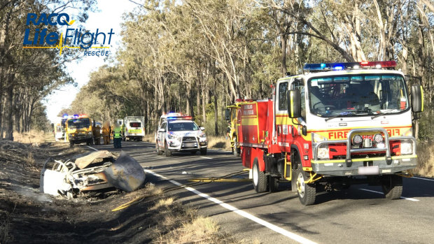 A woman died and four others were injured in a crash, about 250 kilometres north of Brisbane.