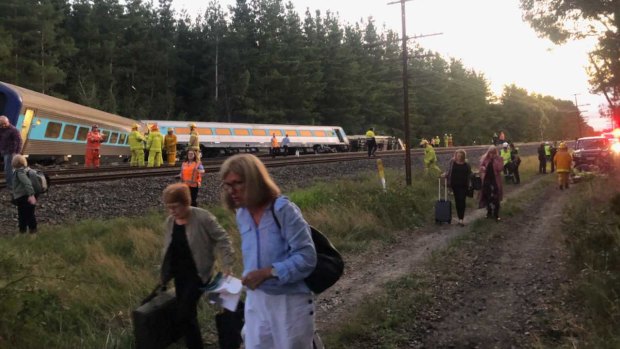 The scene after a Sydney to Melbourne XPT derailed, killing two people.