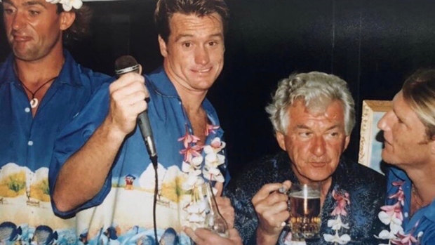 Cheers to that: Bob Hawke with Dwayne Thuys, Guy Andrews and Trevor Hendy at the Bali Oceanman event in 1997.