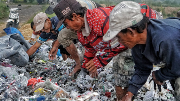 Trash pickers looking for valuable recyclable plastic in East Java this week.