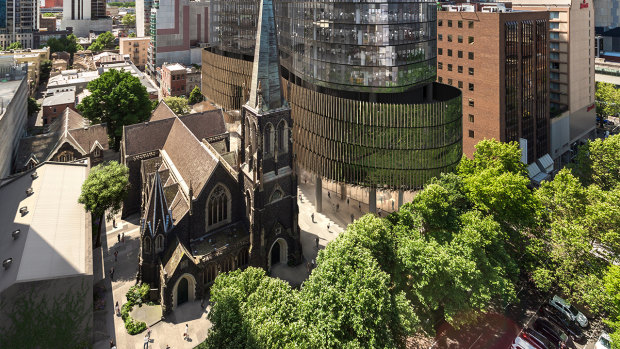 Around the church and heritage outbuildings, Charter Hall is building or renewing 110,000 square metres of office space in a $1.2 billion project.