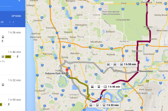 An example of Ellenbrook transport woes: getting from Ellenbrook to an Osborne Park office involves travelling in to Perth and back out in a 'horseshoe' taking nearly two hours each way. 