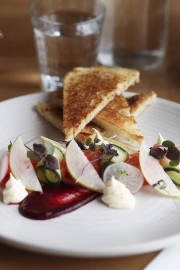 House-cured ocean trout with pickled cucumber.