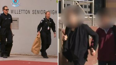 Accused accomplice in Willetton Senior High School stabbing leaving court with her mother, far right, with police taking evidence from the school.