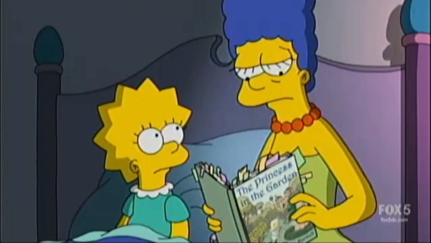 Lisa and Marge Simpson reading 'politically correct' The Princess in the Garden book.