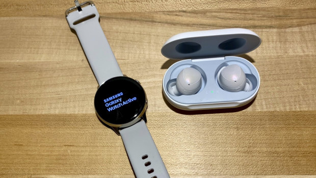 The Samsung Galaxy Watch Active and Galaxy Buds.