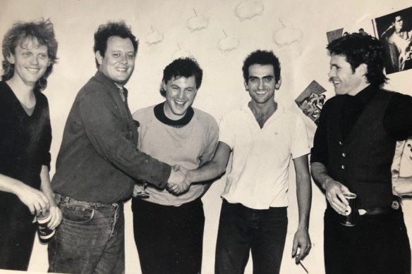 Men of music at the 1986 launch of Paul Kelly's Gossip album, from left, Stuart Coupe, Creswell, Ed St John, Paul Kelly and Clinton Walker.