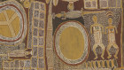 Woŋgu Munuŋgurr’s Djapu Miny’tji, 1942, natural pigments on bark, 189.2 x 105.3 cm.