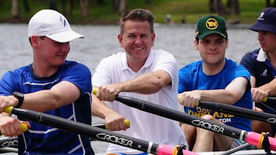 Deputy Premier Jarrod Bleijie rowing with Young LNP members on the Fitzroy River in Rockhampton in November.