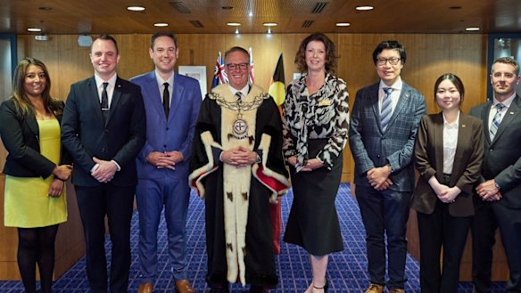Councillors Raj Doshi, Liam Gobbert, Adam Pacan, Lord Mayor Bruce Reynolds, Catherine Lezer, Viktor Ko, Lisa Ma and Chris Patton. 