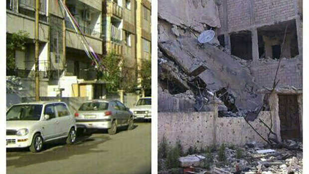 The Daki family home in Homs, Syria before and after it was hit by an air strike. 