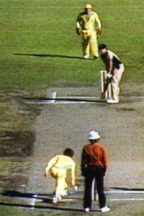 Trevor Chappell rolls the underarm delivery to Brian McKechnie in 1981.