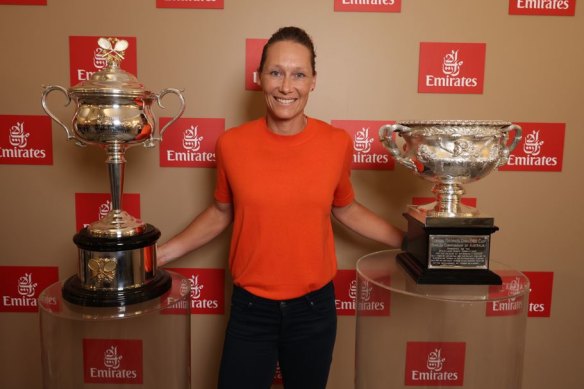 Sam Stosur at the Emirates dinner last week with the Australian Open trophies. 