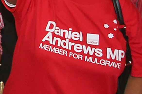 A Labor supporter wears the “red shirt” for Daniel Andrews’ election in 2014.