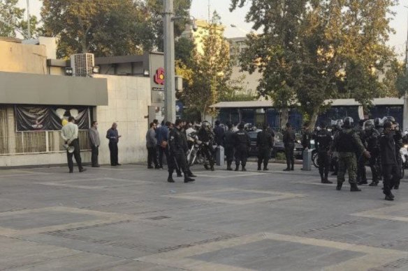 Police outside the Sharif University of Technology during a student protest.