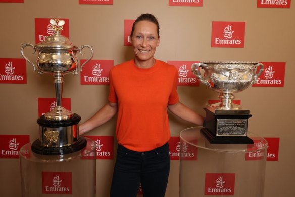 Sam Stosur at the Emirates dinner last week with the Australian Open trophies.