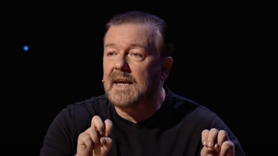 English comedian Ricky Gervais during his Netflix special SuperNature. 