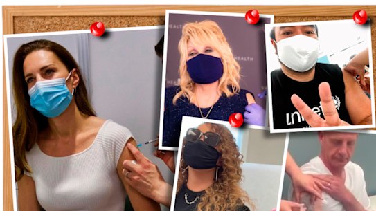 Celebrities who have shared “vaxxies” include (clockwise from left) the Duchess of Cambridge, Dolly Parton, Adam Liaw, Tasmanian Premier Peter Gutwein and Mariah Carey.