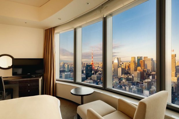 View of tokyo tower and city scape from hotel window